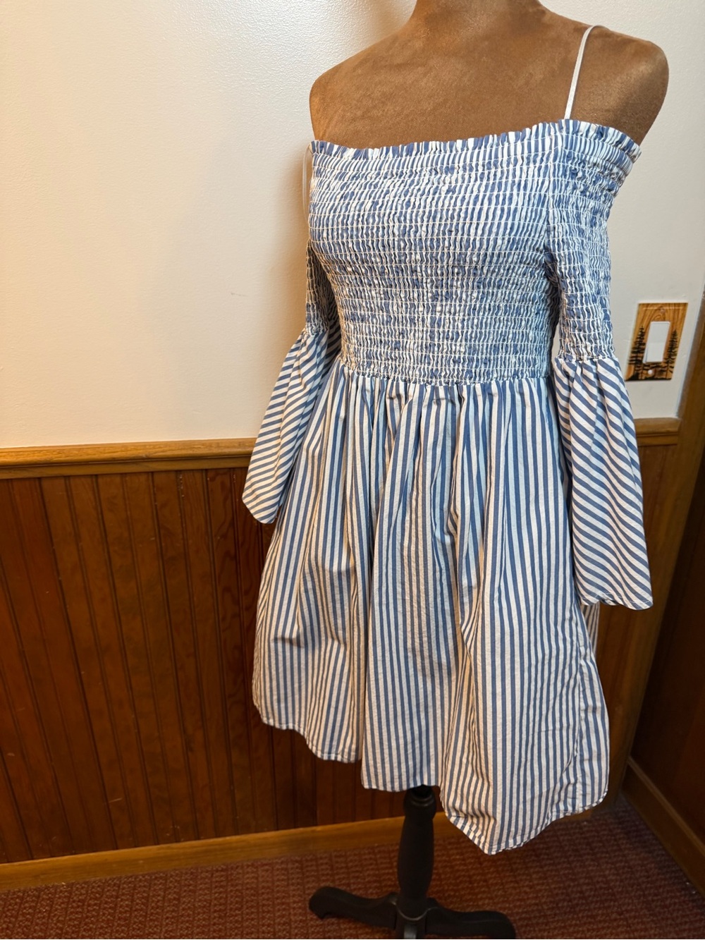 Sanctuary Blue & White Smocked Off-Shoulder Top